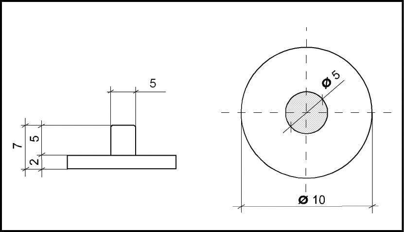 Technische Zeichnung einer Scheibe mit zentralem Stift. Seitenansicht und Draufsicht zeigen Maße: Stift Ø5, Scheibe Ø10, Höhe 5.