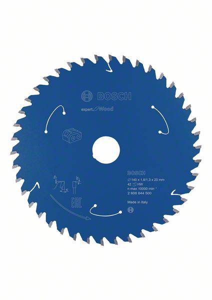Kreissägeblatt mit blauer Oberfläche, beschriftet mit 'BOSCH expert for Wood', Durchmesserangaben und technischer Information, hergestellt in Italien.
