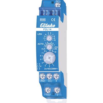 Ein blaues Eltako-Modul F2L14 mit mehreren Drehreglern und Anschlüssen. Beschriftungen: 'LRN', 'AUTO', 'LRA', 'CLR', und technische Angaben.