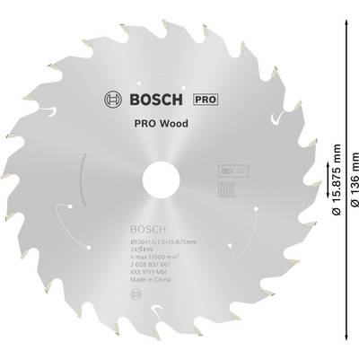 Sägeblatt 'BOSCH PRO Wood', Durchmesser 15,875 cm, 24 Zähne, maximale Drehzahl 11.000 U/min, für Holz, hergestellt in China.