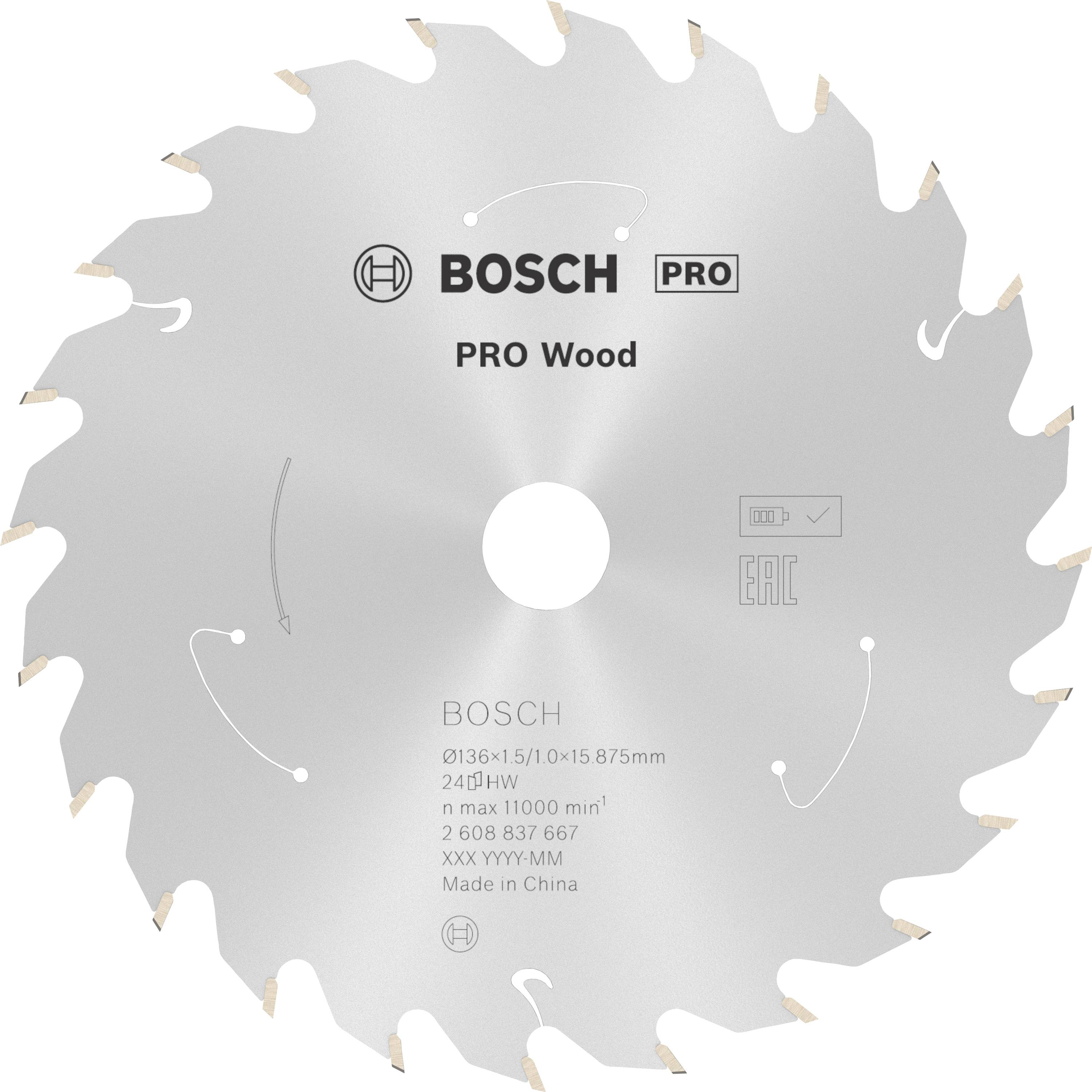 'Sägeblatt von Bosch, Modell PRO Wood, speziell für Holz. Durchmesser 160 mm, 24 Zähne, geeignet für 11.000 U/min.'