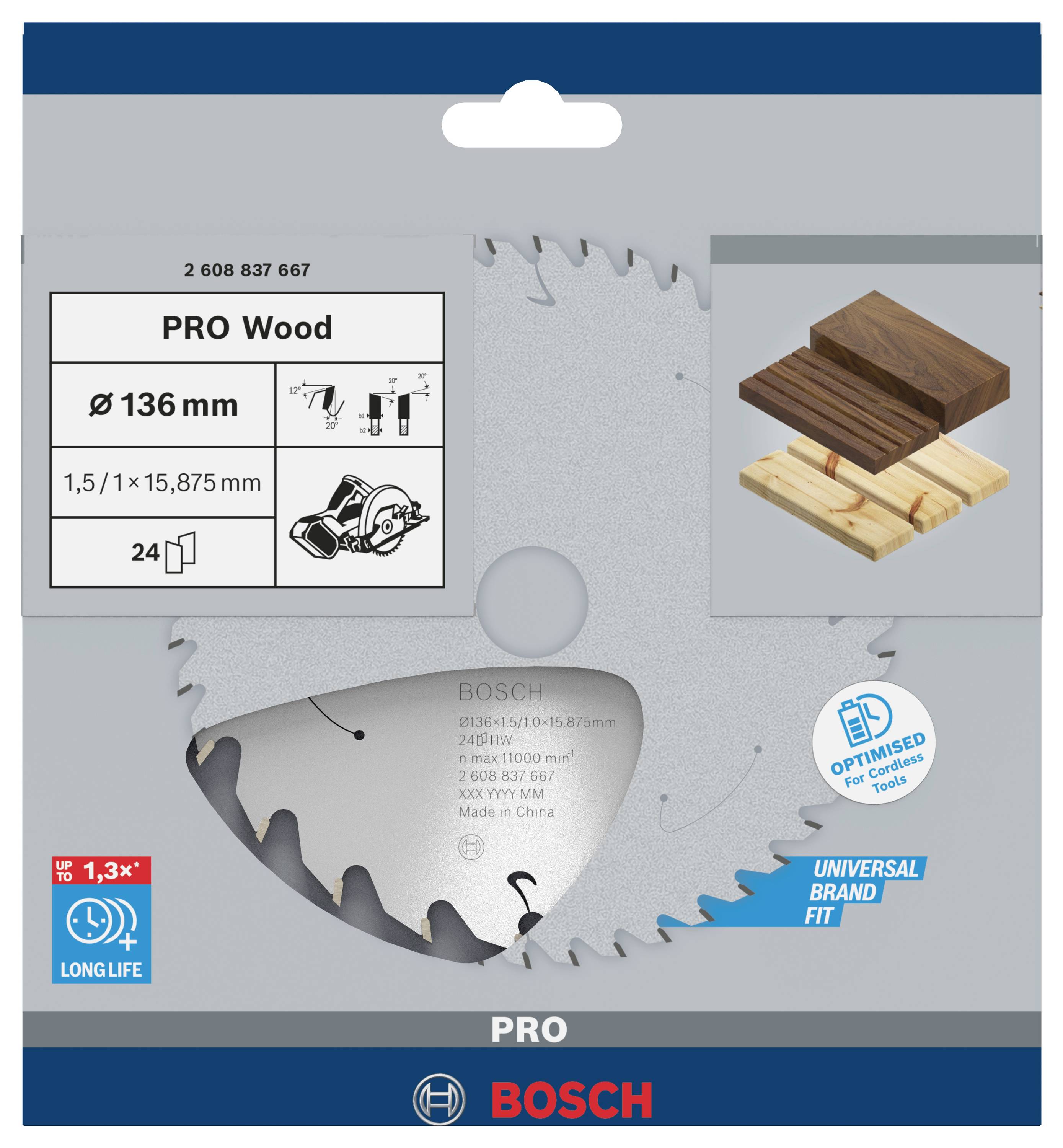Verpackung für ein Bosch-Sägeblatt, geeignet für Holz. Durchmesser 136 mm, Dicke 1,5 mm mit 24 Zähnen. Darstellung von Holzanwendung.