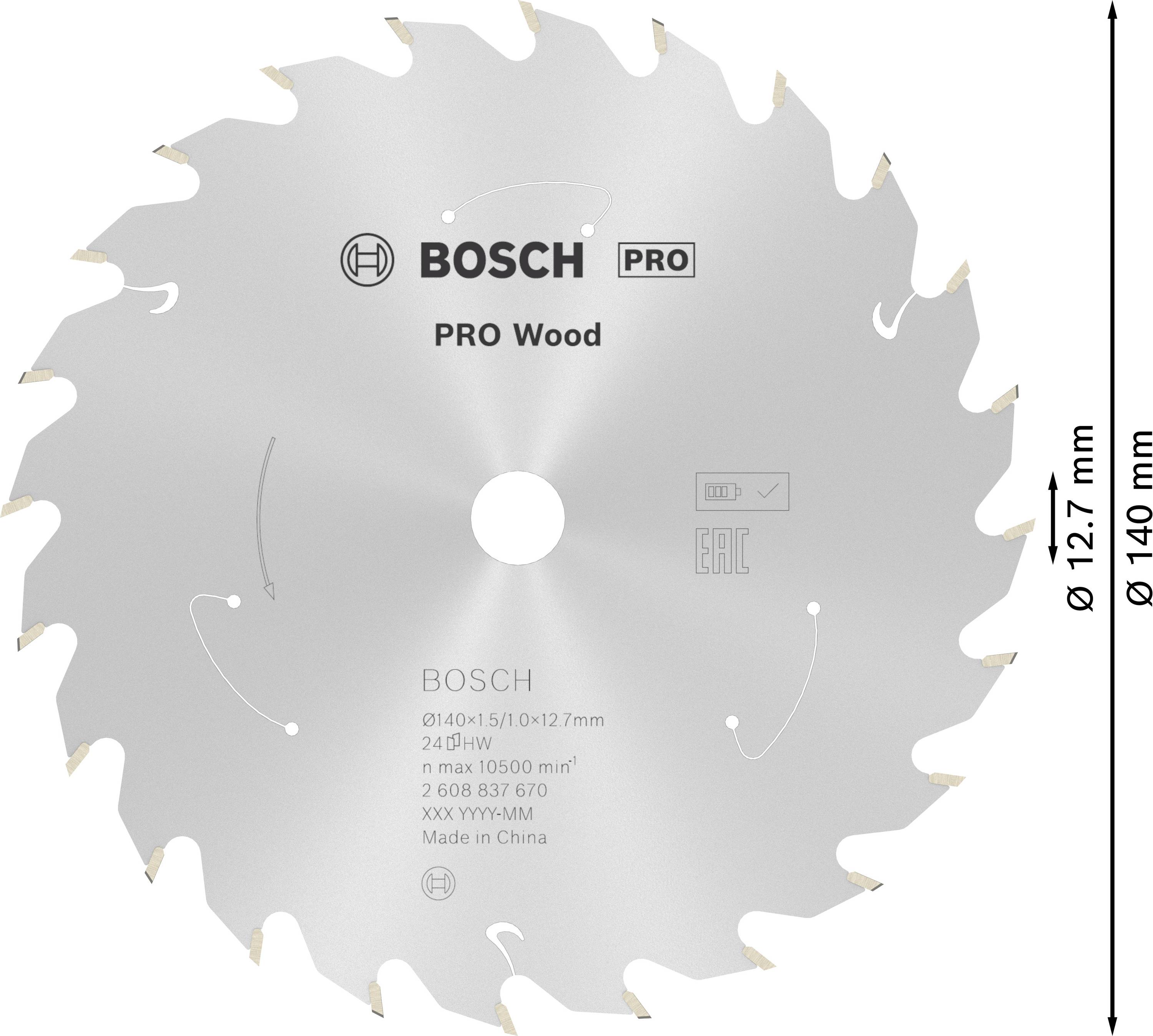 'Sägeblatt mit 24 Zähnen. Marke Bosch, Modell PRO Wood, hergestellt in China. Durchmesser 140 mm, Bohrungsdurchmesser 12,7 mm.'