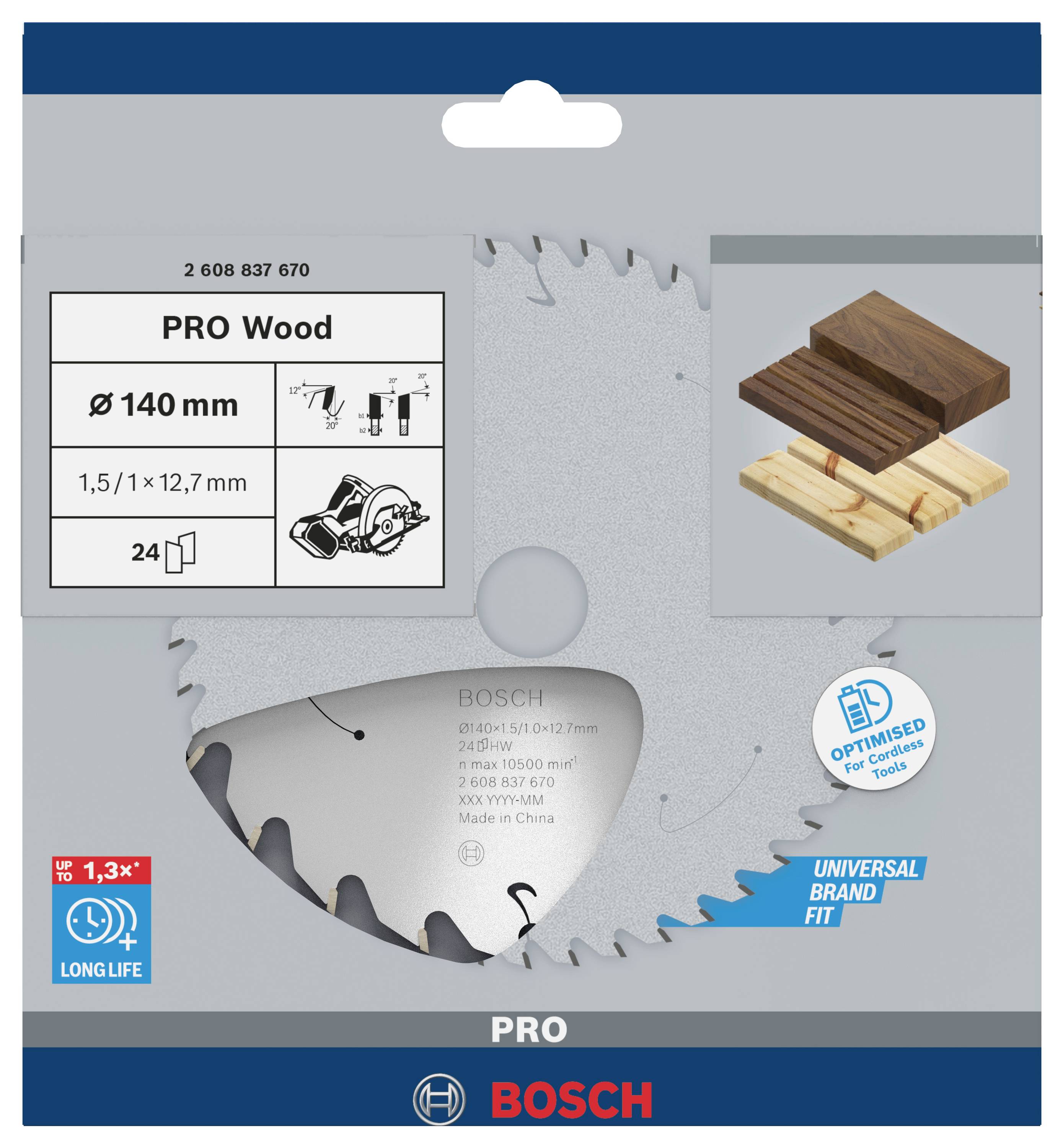 Kreissägeblatt für Holz, Durchmesser 140 mm, optimiert für lange Lebensdauer. Verpackung zeigt Holzschnitt-Beispiel und Markenhinweise.