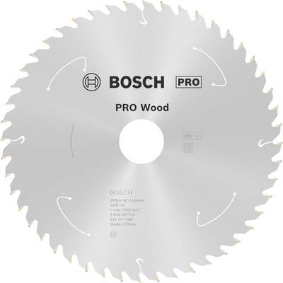 Kreissägeblatt mit Aufschrift 'BOSCH PRO Wood', silberne Farbe, mehrere Zähne. Geeignet für Holzarbeiten, robuste Ausführung.