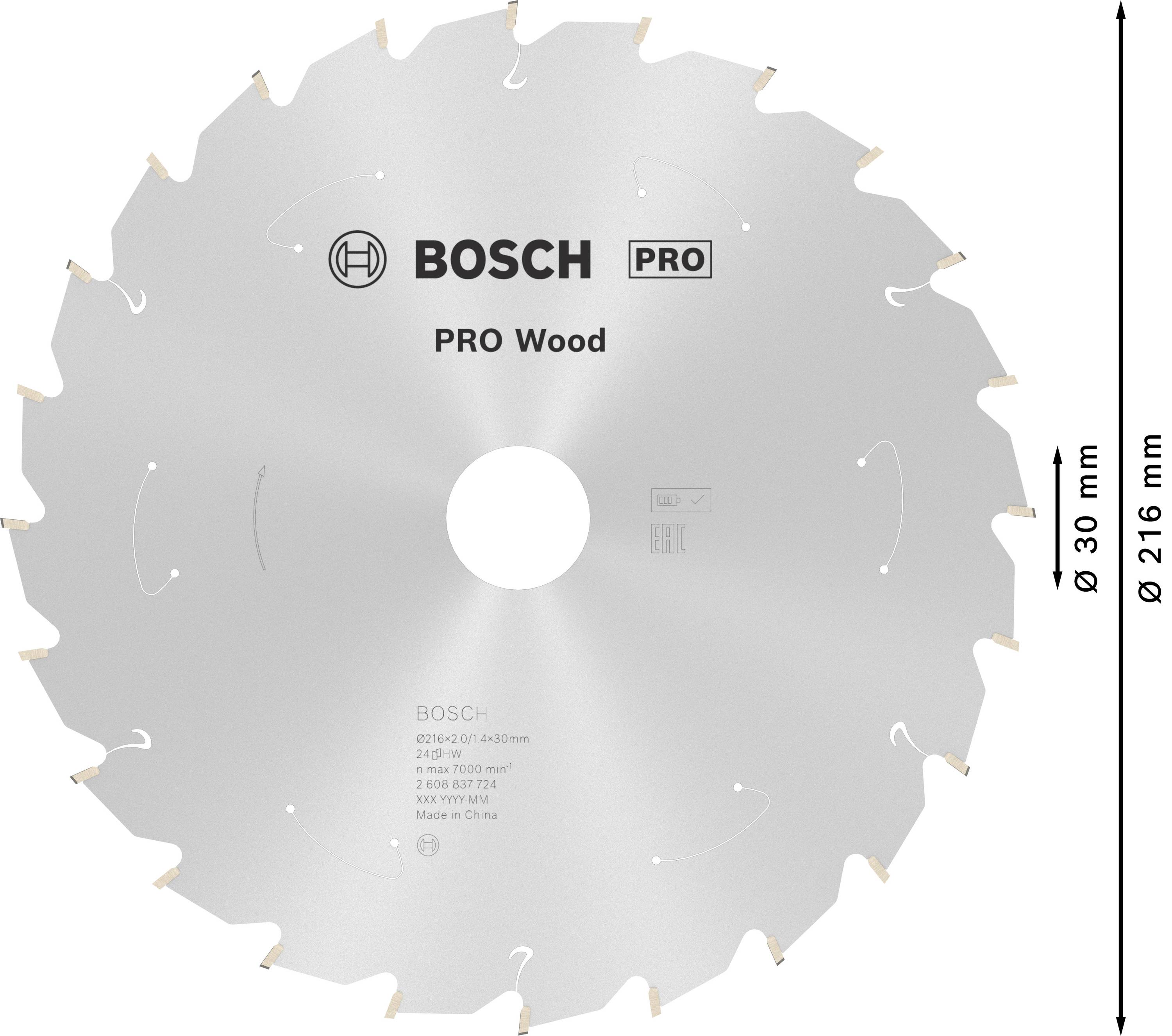 Kreissägeblatt 'BOSCH PRO Wood', Durchmesser 216 mm, 30 Zähne, für Holzverarbeitung. Markenlogo und Produktinformationen zentriert.