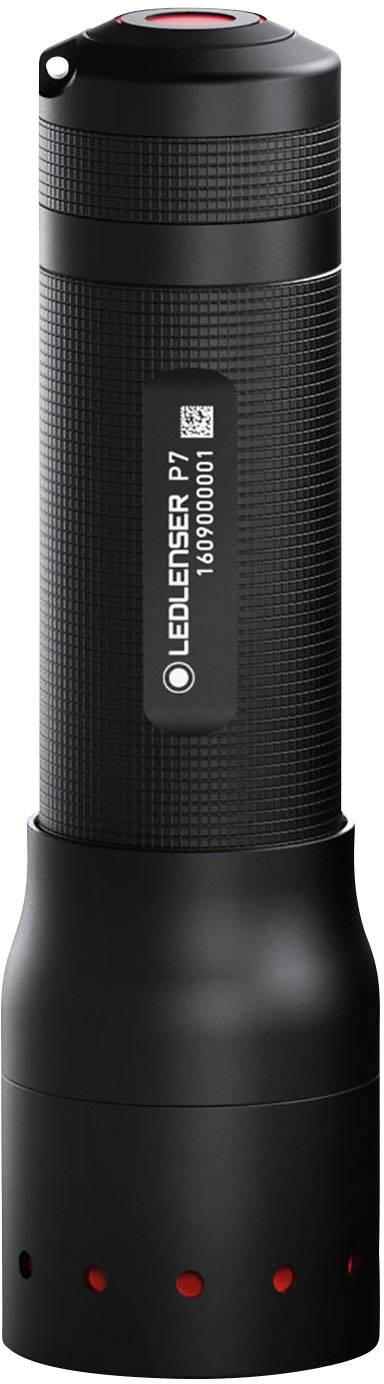 Eine schwarze Ledlenser-Taschenlampe mit rotem Akzent oben und Markenlogo auf der Seite.