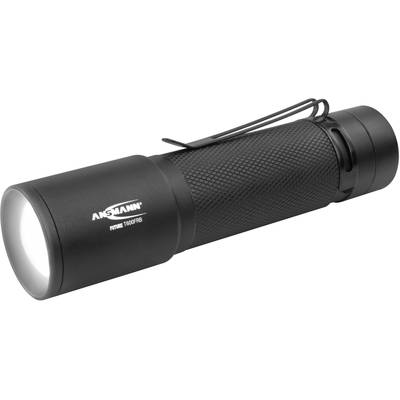 Schwarze Taschenlampe mit Text 'Ansmann Future T500FR'. Sie besitzt ein robustes, geripptes Gehäuse und einen Befestigungsclip.