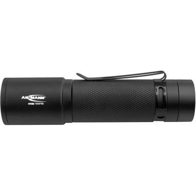 Schwarze Taschenlampe mit Clip, kompakte Bauweise, Markenaufdruck 'ANSMANN', Modell 'Future T200FR'.
