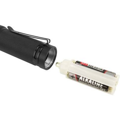 Schwarze Taschenlampe mit abgenommenem Batteriefachdeckel. Zwei AA-Alkalibatterien im Batteriefach sichtbar.