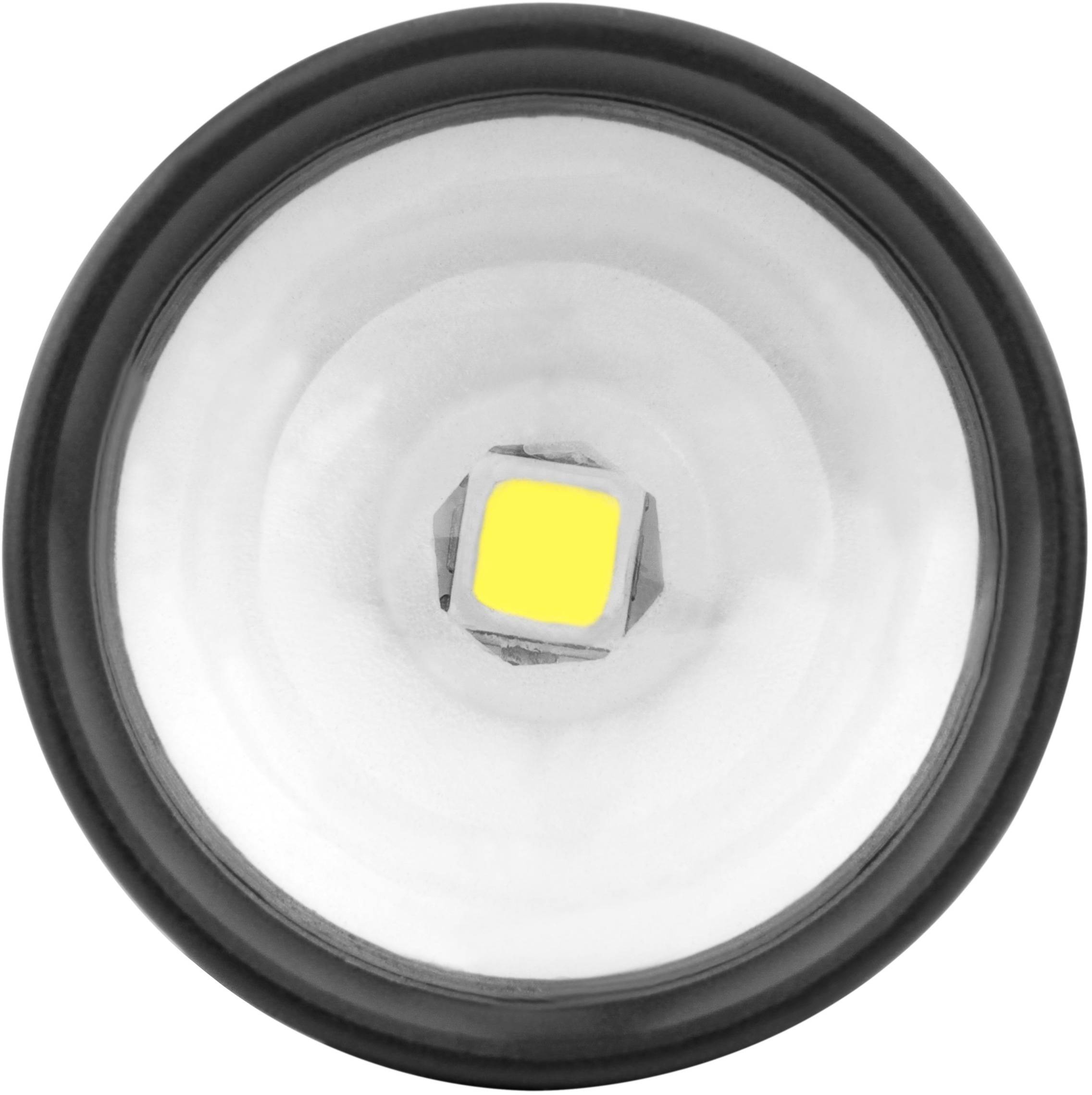 Runde LED-Lampe mit gelbem Zentrum und reflektierender Linse. Ansicht von oben.