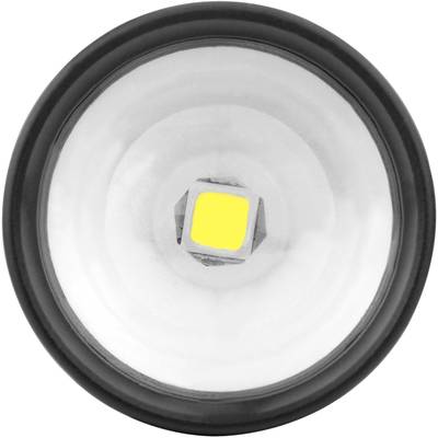 Runde LED-Lampe mit gelbem Zentrum und reflektierender Linse. Ansicht von oben.
