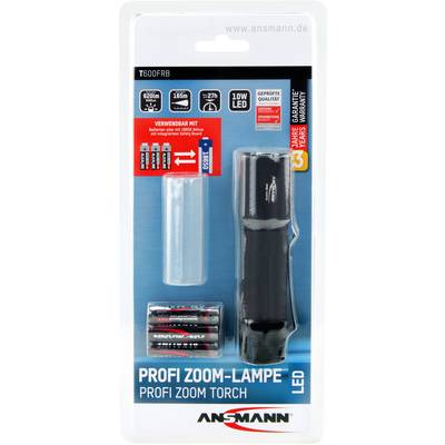 Verpackung einer 'Profi Zoom-Lampe' von Ansmann mit LED-Taschenlampe, Batterien und Batteriezylinder. Eignet sich für den professionellen Einsatz.