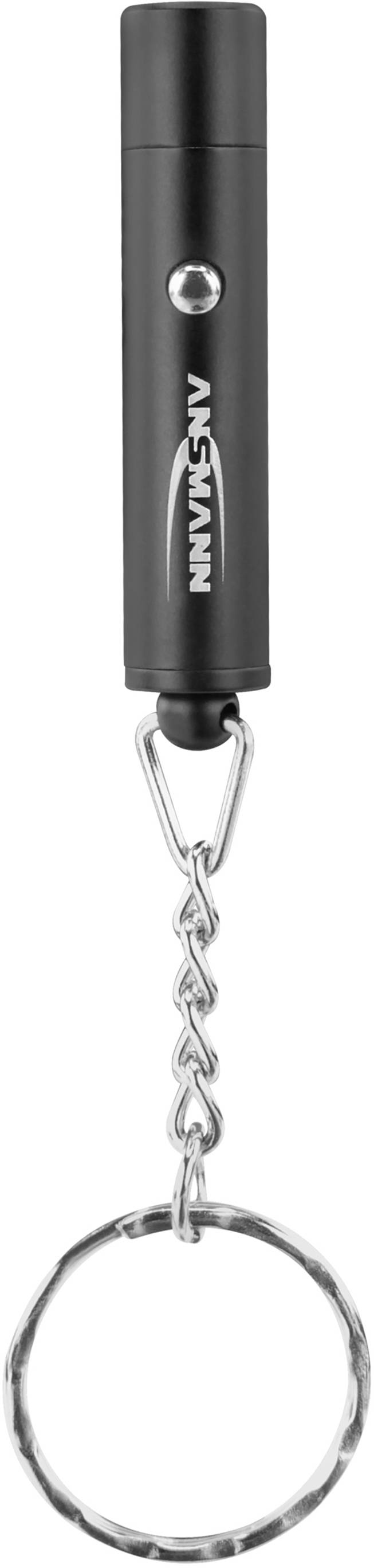 Schwarzer Mini-Taschenlampenschlüsselanhänger mit silberner Kette und Ring, Markenname gut sichtbar auf dem Gehäuse.