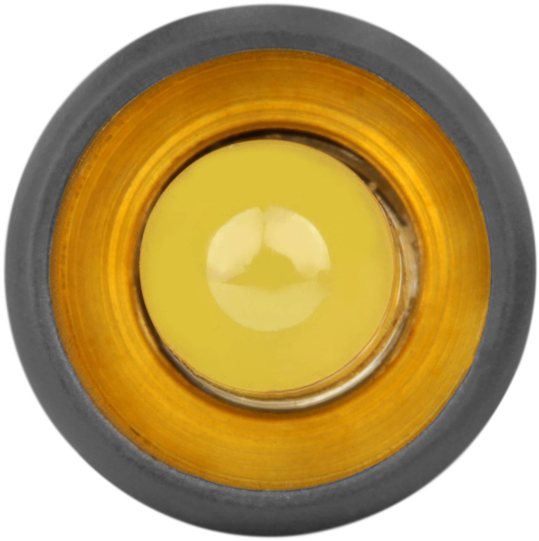 Ein LED-Licht in Nahaufnahme zeigt den leuchtenden gelben Kern, umgeben von einem orangefarbenen Ring.