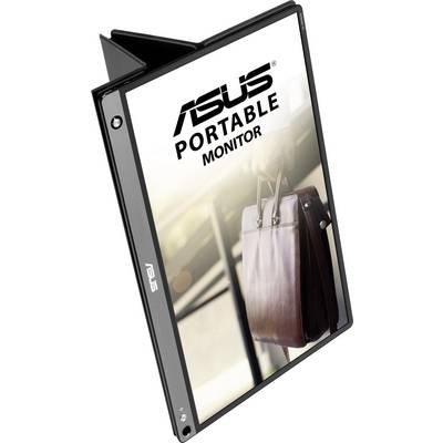 Ein tragbarer ASUS-Monitor steht aufrecht, Vorderseite zeigt die Aufschrift 'ASUS Portable Monitor' mit einem Bild von einer Ledertasche.