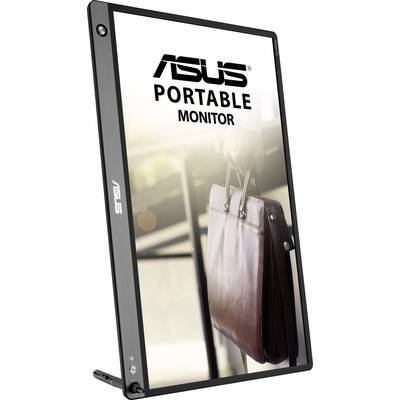 Ein tragbarer ASUS-Monitor steht aufrecht. Auf dem Display ist ein verschwommenes Bild einer Hand mit Aktentasche erkennbar.