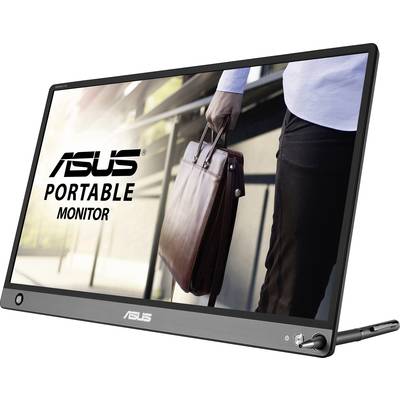 Asus tragbarer Monitor, Darstellung einer Person mit Aktentasche in der Hand, spiegelt Mobilität und Geschäftsreisen wider.