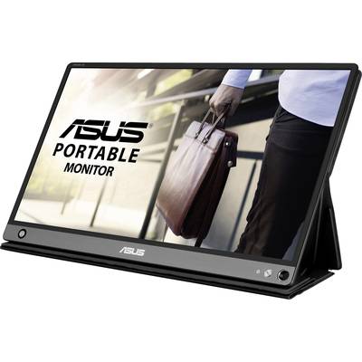 Asus tragbarer Monitor in einer Schutzhülle. Zeigt ein Bild von jemandem, der eine Ledertasche hält.