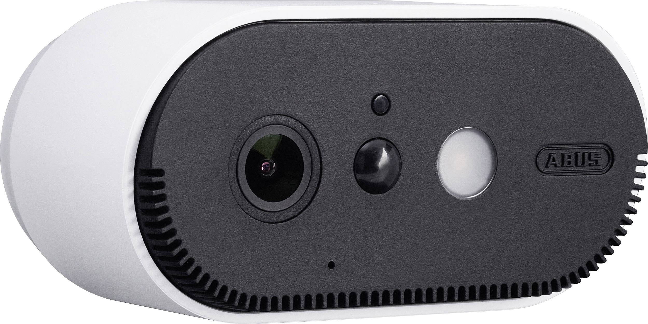 Weiße, kabellose Überwachungskamera mit schwarzer Vorderseite, Linse und Sensoren. Ideal für den Innen- und Außeneinsatz.