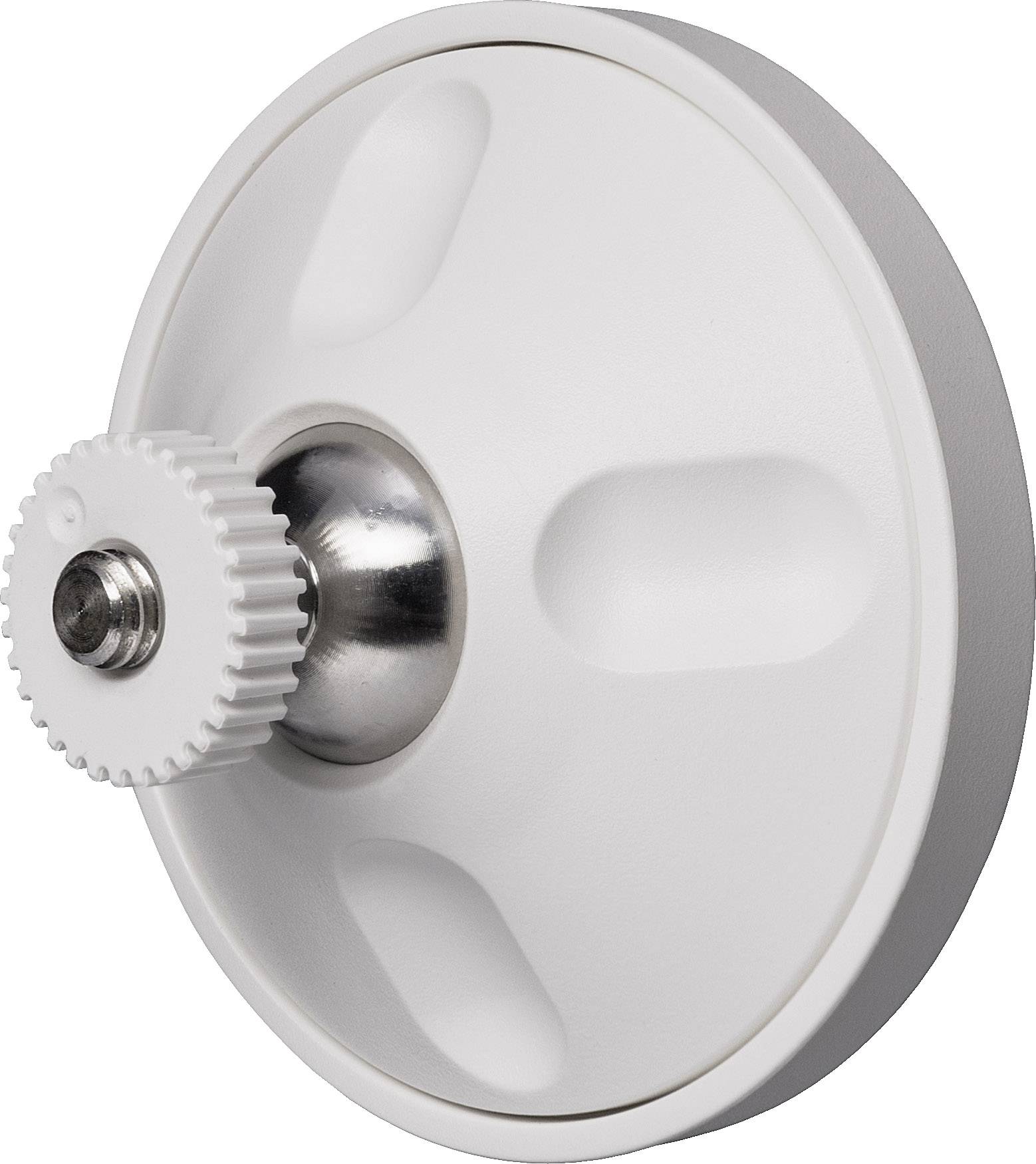 Ein weißes, rundes Kunststoffteil mit einer zentralen Metallverbindung und einem gezahnten Rad zeigt eine technische Vorrichtung.
