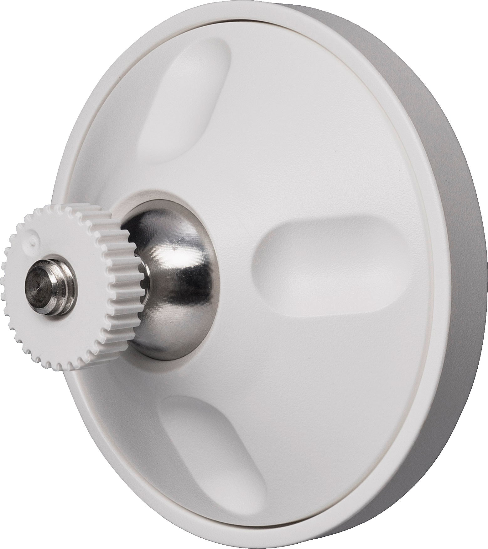 Ein weißes, rundes Kunststoffteil mit einer zentralen Metallverbindung und einem gezahnten Rad zeigt eine technische Vorrichtung.