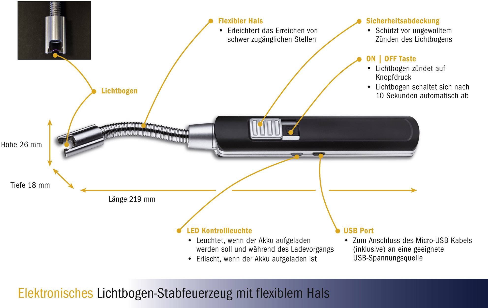 Elektronisches Lichtbogen-Stabfeuerzeug mit flexiblem Hals. Zeigt Funktionen wie LED-Kontrollleuchte, USB-Port, Sicherheitsabschaltung.