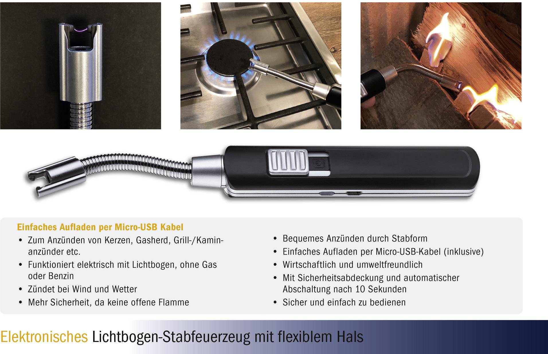 'Elektronisches Lichtbogen-Stabfeuerzeug: Einfaches Aufladen per Micro-USB, flexibler Hals, sicheres Anzünden von Kerzen und Grills.'