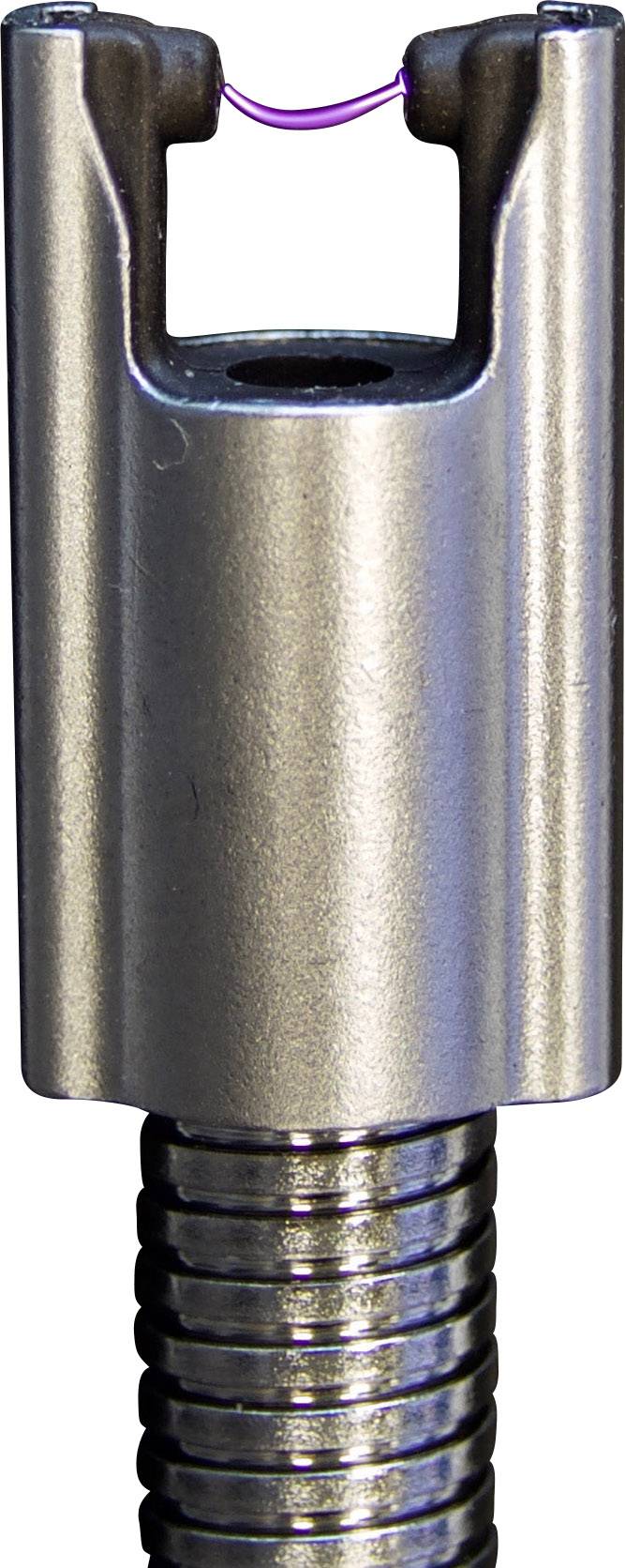 Ein Metallwerkzeug mit einem feinen, pinken Draht an der Spitze. Die Stange darunter hat eine spiralförmige Struktur.