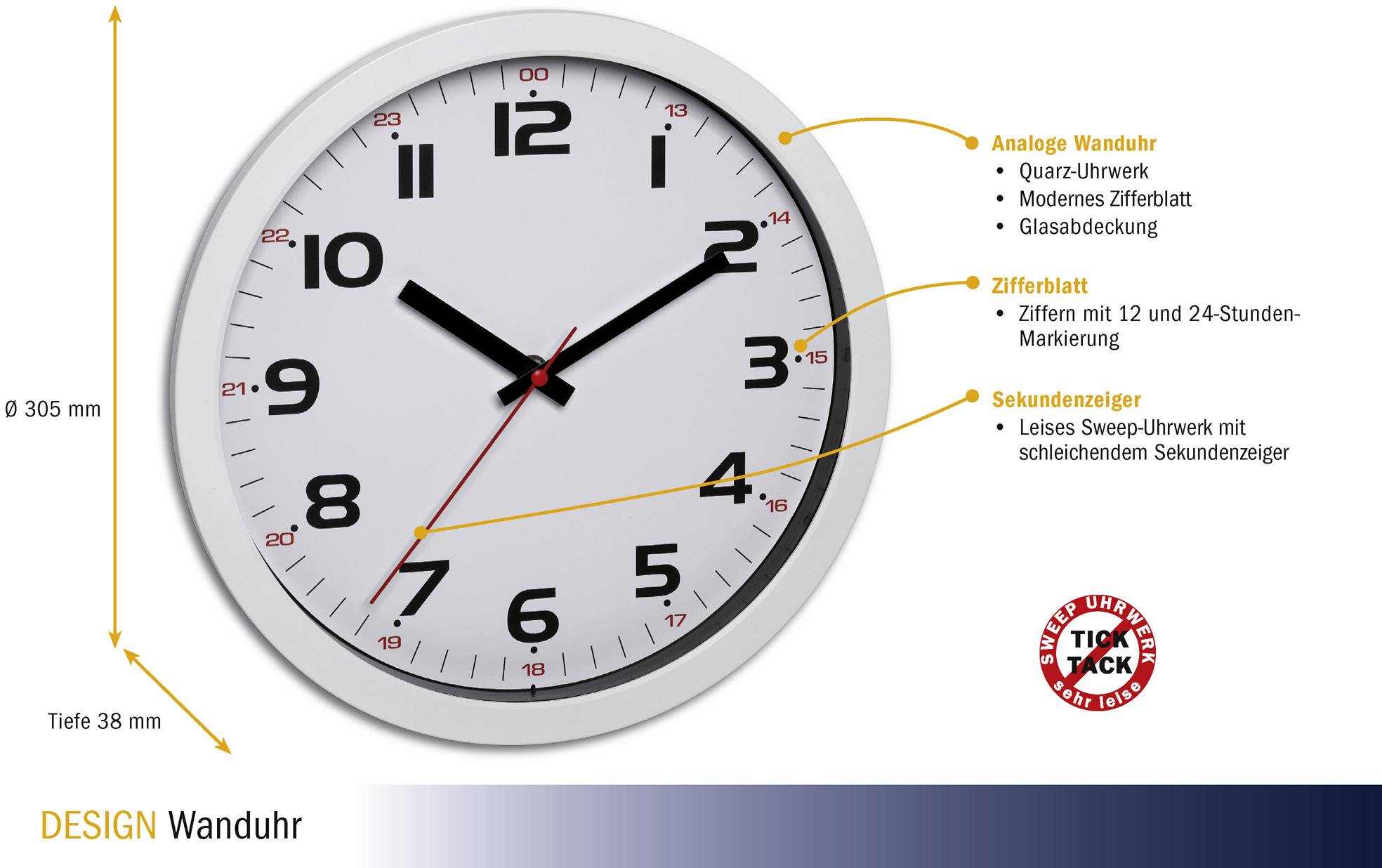 'Analoge Wanduhr mit Quarzwerk, modernem Zifferblatt und Glasabdeckung. Ziffern bei 12 und 24 Stunden. Roter schleichender Sekundenzeiger.'
