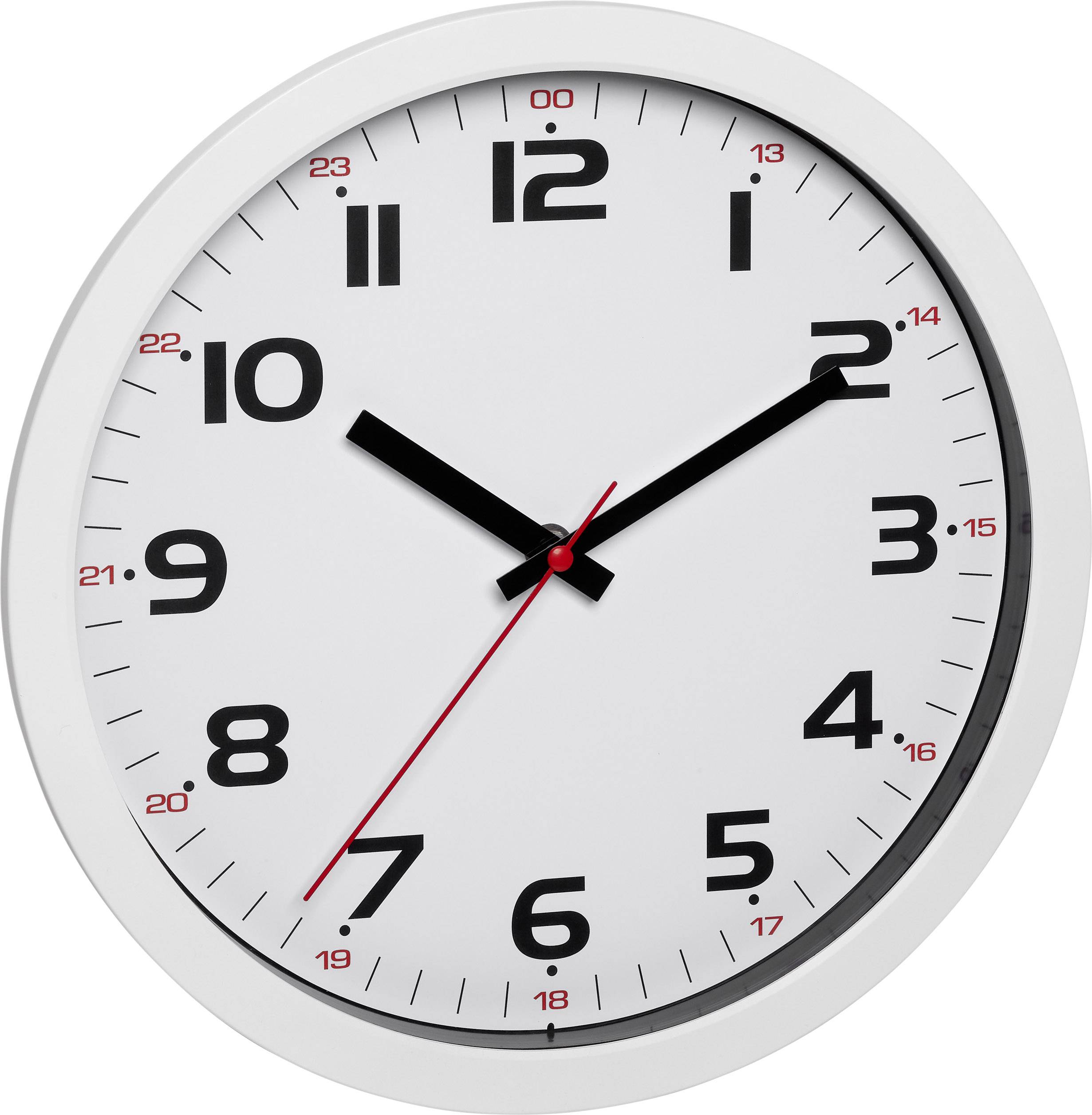 Analoguhr mit weißen Zifferblatt; zeigt 10:09 Uhr. Schwarze Stunden- und Minutenzeiger, roter Sekundenzeiger.