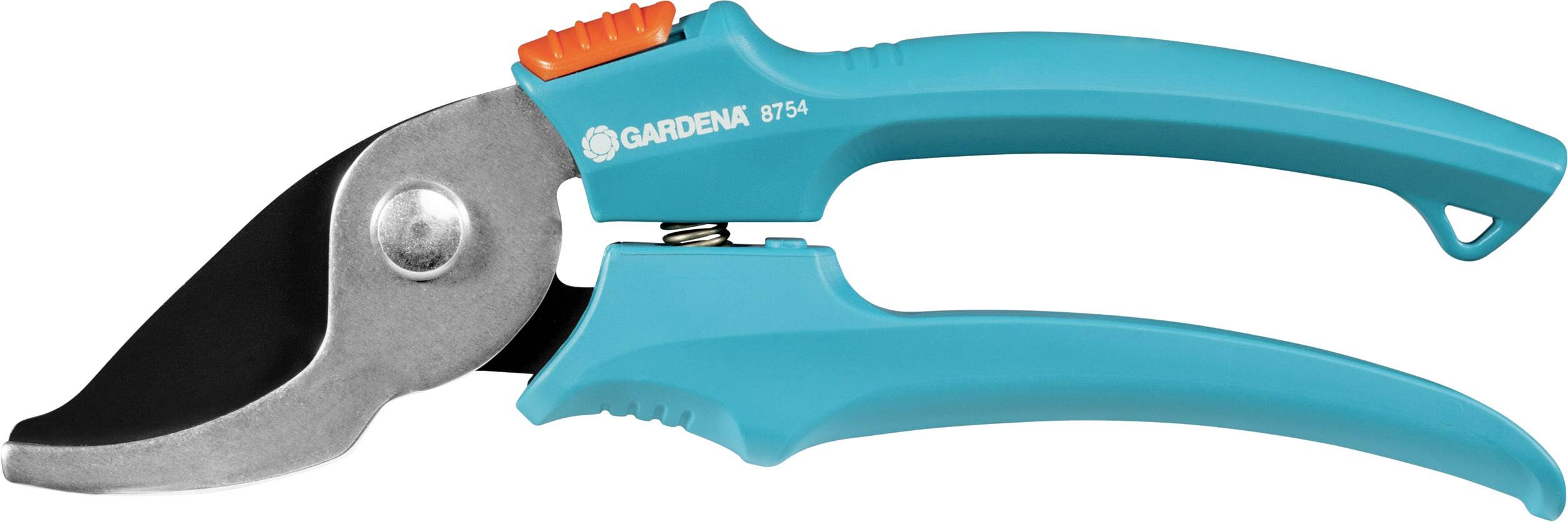 Eine blaue Gartenschere mit schwarzer Klinge und orangem Schieberegler, Marke oberhalb der Klinge sichtbar. Geeignet für Gartenarbeiten.