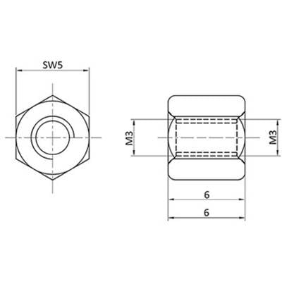 Technische Zeichnung einer Sechskantmutter. Maße: SW5, M3, Breite 6 mm. Draufsicht und Seitenansicht dargestellt.