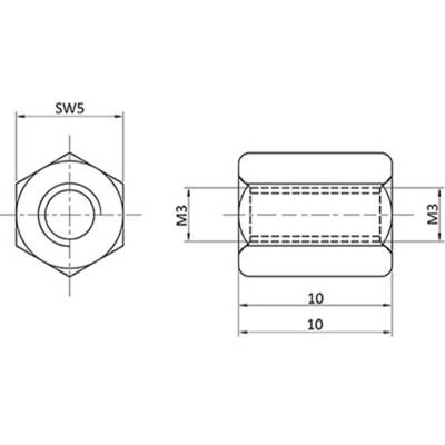 Technische Zeichnung einer sechseckigen Mutter mit Gewinde M3. Abmaße: Breite SW5, Durchmesser 10 mm, Höhe 10 mm.