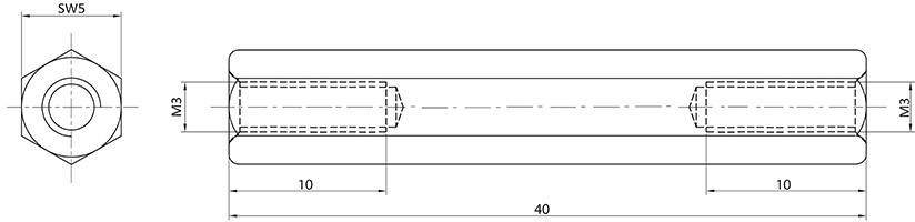 Technische Zeichnung eines Zylinderstifts mit M3-Gewinde und SW5-Sechskantkopf. Gesamtlänge 40 mm, Teilsegmente je 10 mm.