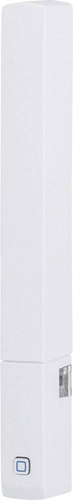 Ein langer, weißer elektronischer Artikel mit einem kleinen blauen Knopf und einem transparenten Abschnitt an der Seite.