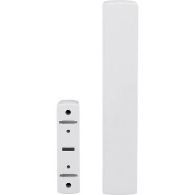 Zwei weiße elektronische Geräte, eine größere rechteckige Einheit rechts und eine kleinere mit Löchern links.