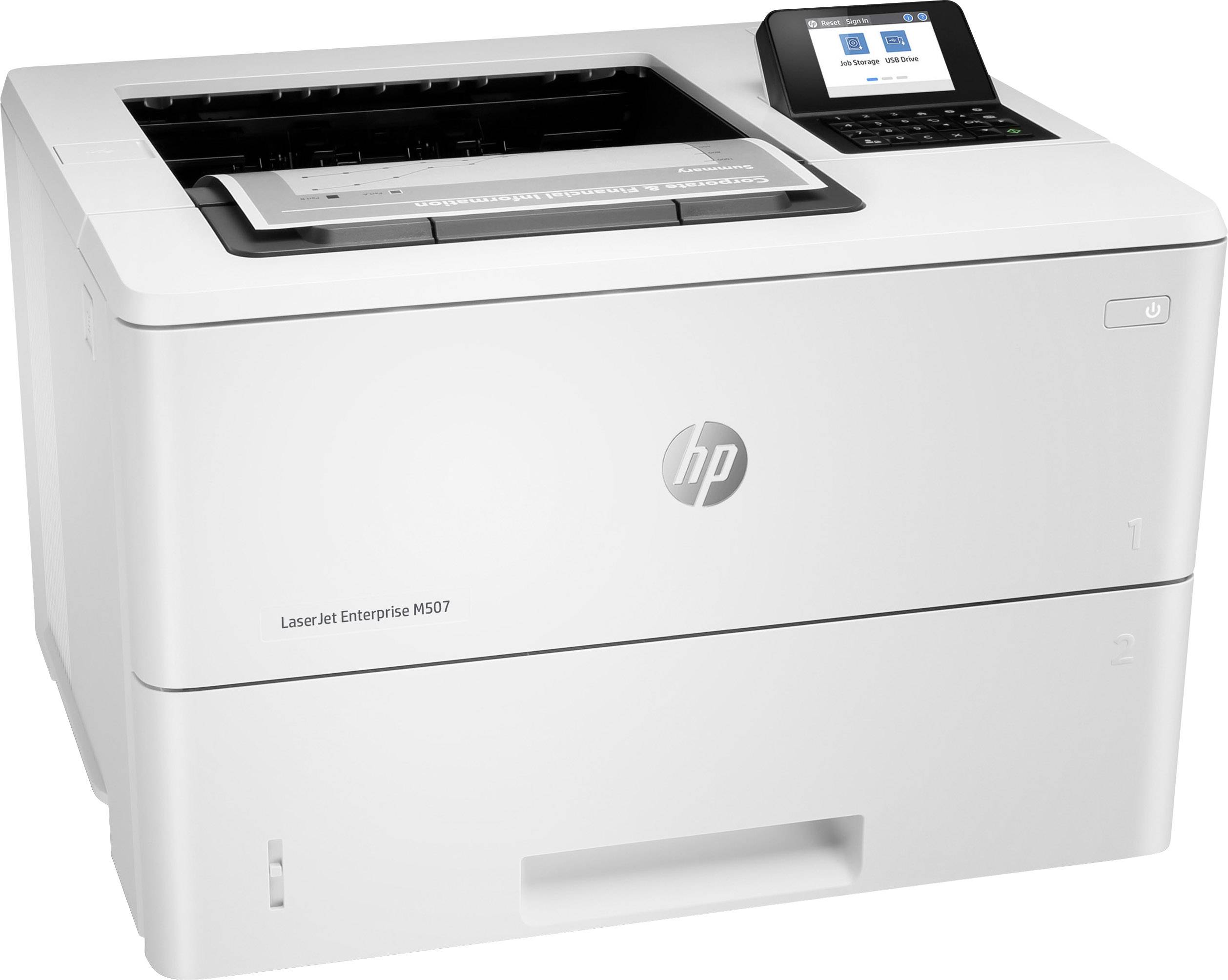 Ein weißer Drucker mit einem kleinen Display und mehreren Tasten an der Oberseite. Modellnummer: LaserJet Enterprise M507.
