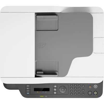 Ein Drucker von oben gesehen; zeigt das Bedienfeld mit Tasten und kleinen Bildschirm, sowie das Papierfach.