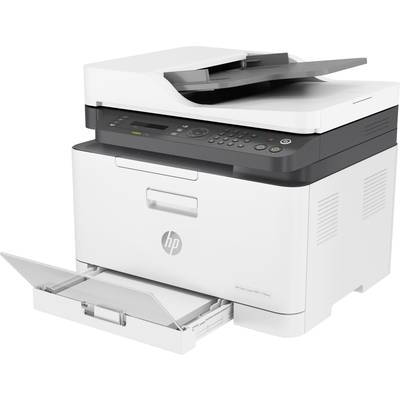 Ein weißer Multifunktions-Laserdrucker mit Bedienfeld und Papierzufuhr. Geeignet für Büroarbeiten wie Drucken, Scannen und Kopieren.