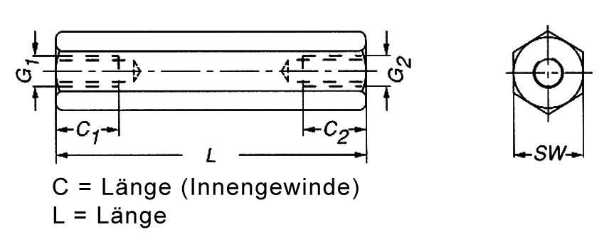 Technische Zeichnung eines Verbindungsrohrs mit Abmessungen. Zeigt die Länge L, Innengewinde C1 und C2, und Gewindegröße G1 und G2.