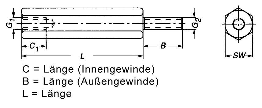 Technische Zeichnung eines zylindrischen Verbindungsstücks mit Innen- und Außengewinde. Maßen: C, B, L, und Sechskant-SW.