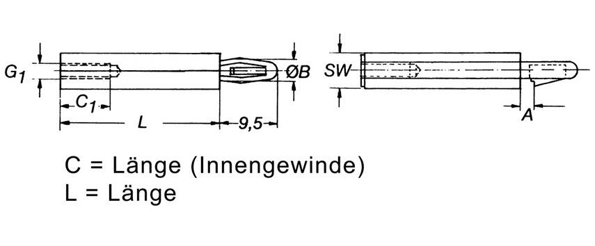 Technische Zeichnung eines Bolzens mit Maßangaben, Länge (L), Durchmesser (ØB) und Gewindelänge (C). Erläuterung der Komponenten.