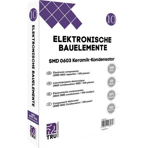 TRU COMPONENTS T1806P019 Keramik-Kondensator Sortiment SMD 0603 16 V 10 % (L x B) 1.6 mm x 0.8 mm 500 Teile Tape cut