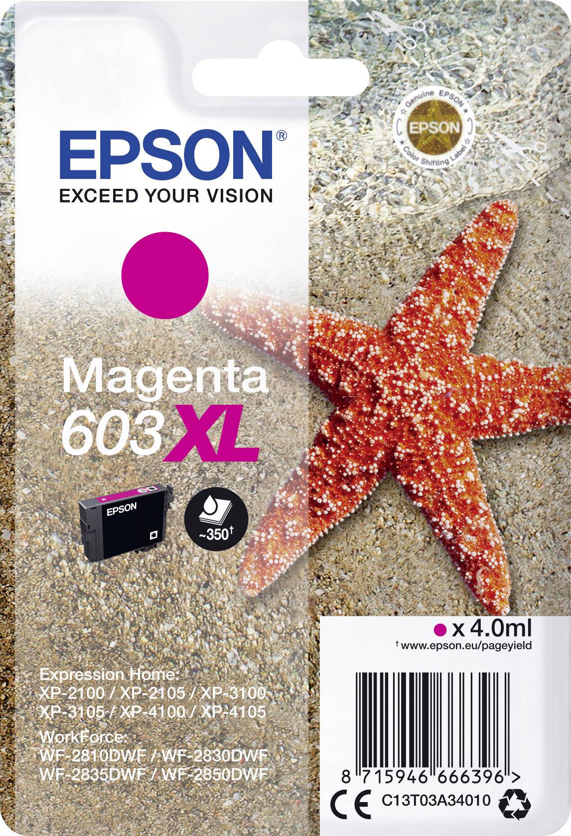 Magenta-Tintenpatrone von Epson. Verpackung zeigt roten Seestern auf Kieselsteinen. Modelle: XP-2100 bis XP-4105, WF-2810 bis WF-2850.