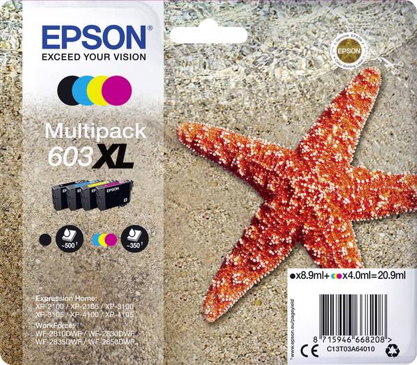 Epson Druckerpatrone T03A64, 603XL Original Kombi-Pack Schwarz, Cyan, Magenta, Gelb C13T03A64010