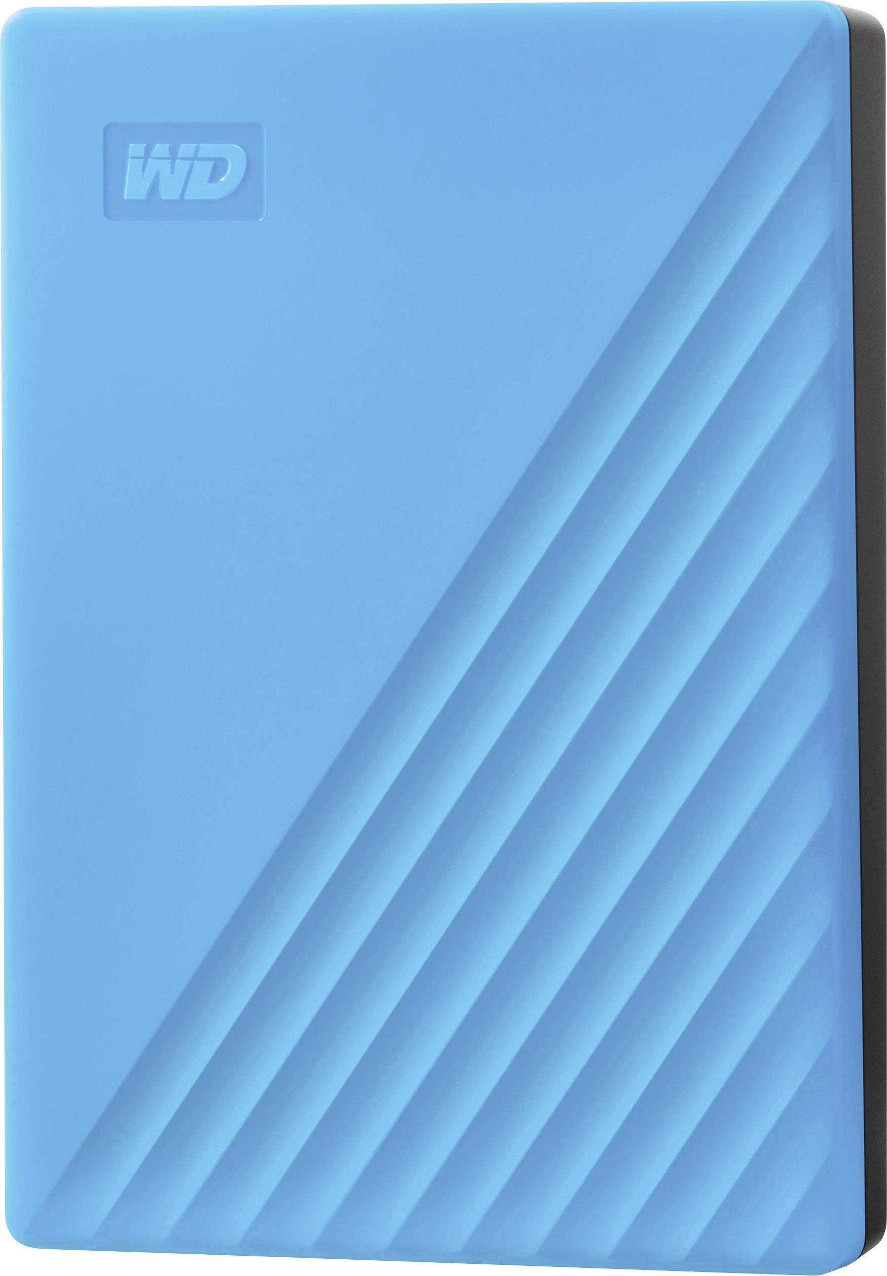 Externe Festplatte in leuchtendem Blau mit diagonalen Linienmuster und leicht erhabenem Herstellerlogo oben links.
