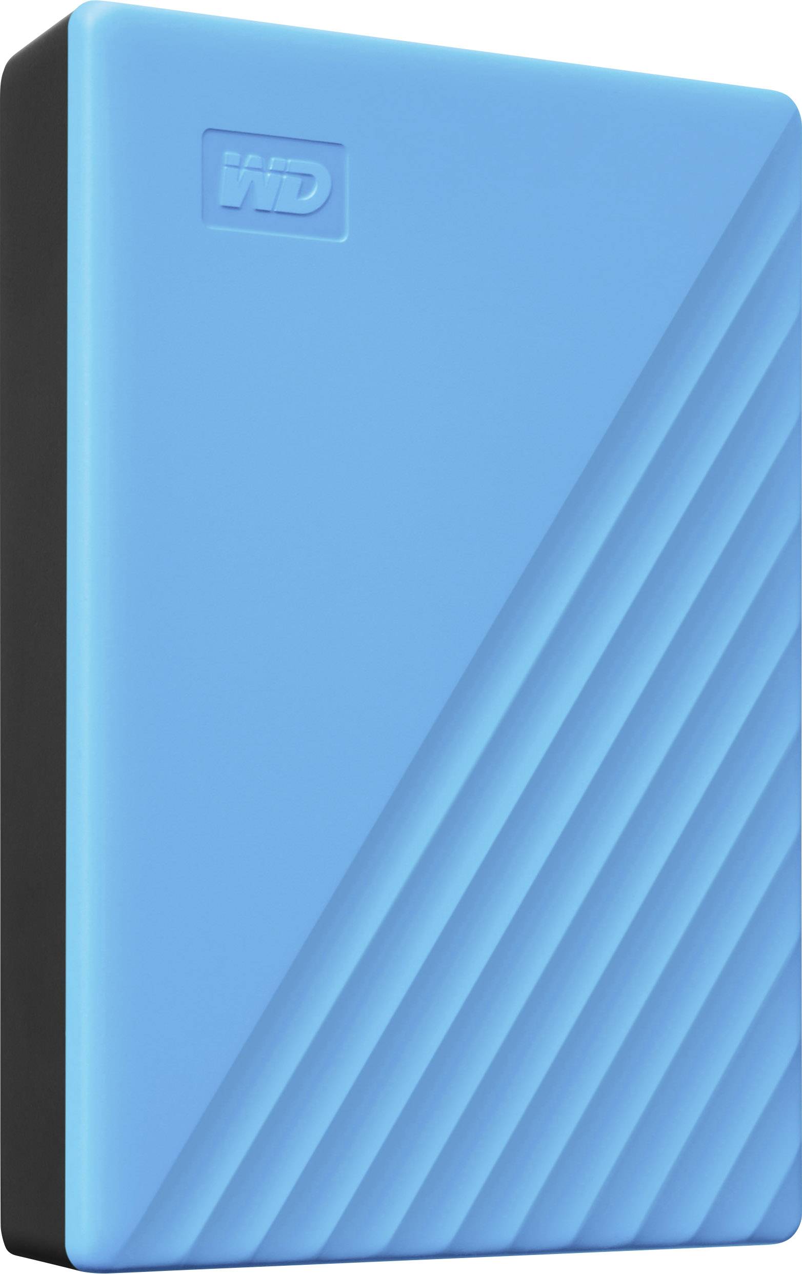Blaues tragbares Festplattengehäuse mit diagonalen Streifen. Oben links ein eingraviertes 'WD'-Logo.
