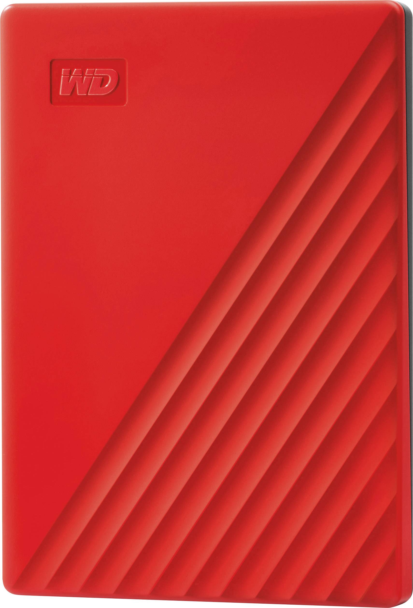 Rote externe Festplatte von WD mit diagonalen Streifen und Logo oben links. Elegantes, modernes Design.