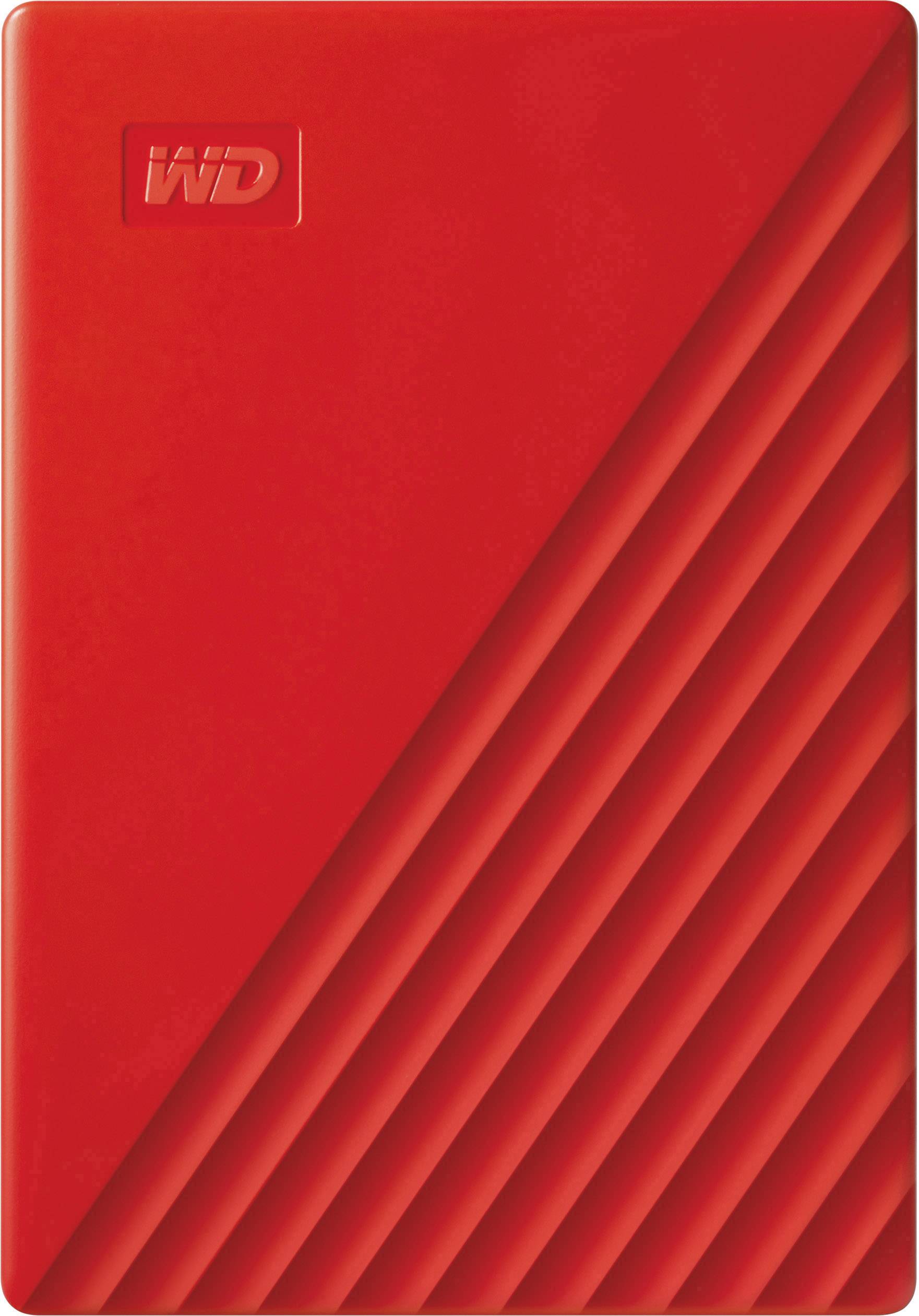 Eine rote externe Festplatte mit diagonalem Streifendesign. Markenlogo in der oberen linken Ecke.